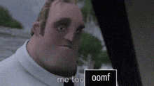 a man in a suit and tie is standing in front of a sign that says `` me too oomf '' .