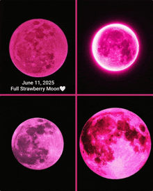 four pictures of a full strawberry moon on june 11, 2025