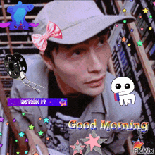 a man wearing a hat with a pink bow on it is surrounded by cartoon characters and says good morning