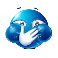 a blue smiley face with a white hand covering its mouth