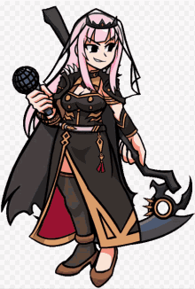 a cartoon drawing of a woman with pink hair holding a microphone and a scythe