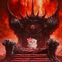 a white cat with a pink bow is sitting on a throne in front of a demon .