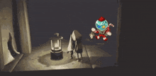 a cartoon character is holding a candy cane and a lantern in a dark room
