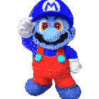 a blue mario wearing red overalls and a blue m hat