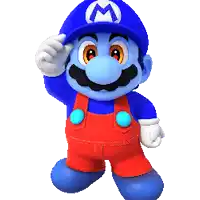 a blue mario wearing red overalls and a blue m hat