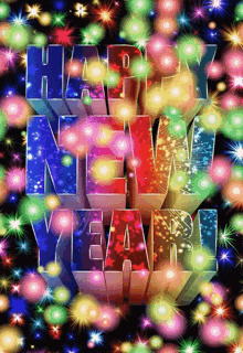 a happy new year greeting card with colorful lights and stars