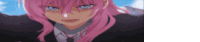 a close up of a pink haired anime girl in a suit .