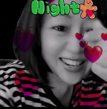 a black and white photo of a woman with the words night written on her head