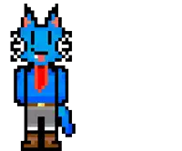 a pixel art drawing of a blue cat wearing a red tie and pants .