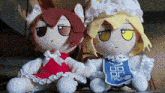 two stuffed dolls sitting next to each other with one wearing a blue apron
