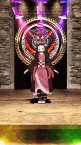 a girl stands on a stage in front of a circular emblem that says ' nusantara ' on it