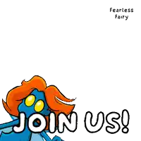 a blue fairy with red hair is holding a stick and says " join us "