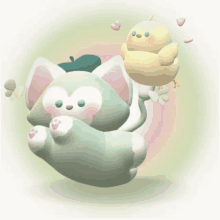 a cat and a yellow bird are floating in the air with hearts surrounding them