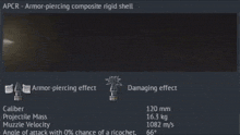 a screenshot of armor-piercing composite rigid shell showing the damage effect