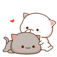 a white cat is petting a gray cat while a heart is in the background .