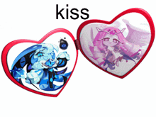 a couple of hearts with the word kiss on top of it