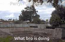perry says " give me a sec " and what bro is doing is written below him
