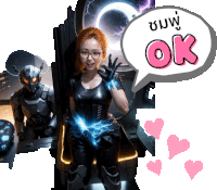 a woman in a futuristic suit giving an ok sign