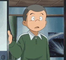 a boy with a surprised look on his face is standing in front of a door