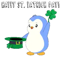 a penguin holding a leprechaun hat and a clover with the words happy st. patrick day