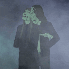 a cartoon of two men in suits standing next to each other in a foggy room
