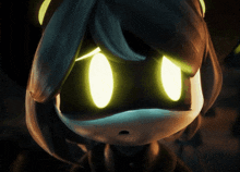 a close up of a cartoon character with glowing yellow eyes