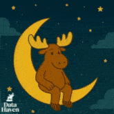 a moose is sleeping on a crescent moon with data haven in the corner