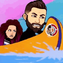 a cartoon of a man and a woman riding a boat in the water .