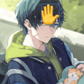 a person with a hand on their face and a cat on their lap