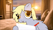 a cartoon of a pony holding a piece of paper and a pencil