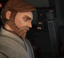 a cartoon character with a beard is sitting in a dark room