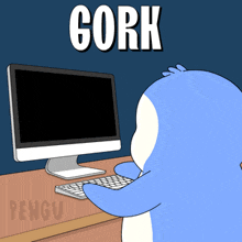 a cartoon penguin is typing on a keyboard in front of a computer screen that says cork