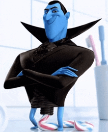 a cartoon character with blue hair is standing next to a tube of toothpaste and toothbrushes
