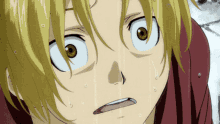 a close up of a anime character 's face with sweat coming out of his nose