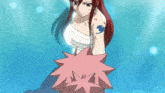 a girl with red hair is wrapped in a white towel and has a fairy tail tattoo on her arm