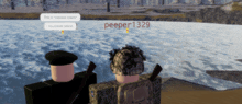 two soldiers are standing in front of a body of water with the name peeper 1329 on the bottom right
