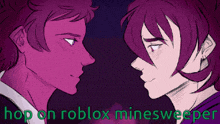 a drawing of two people looking at each other with the words hop on roblox minesweeper below them