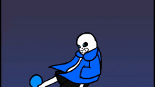 a cartoon drawing of a skeleton wearing a blue jacket and shorts