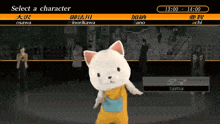 a cartoon cat is dancing in front of a screen which says select a character