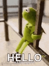 kermit the frog is sitting on a railing holding onto a railing and saying hello .