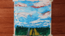 a painting of a road going through a field with trees in the background