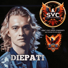 a man with long blonde hair is standing in front of a logo that says svc