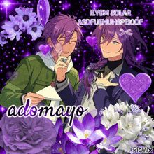 a couple of anime characters are surrounded by purple flowers and the words adomayo