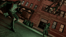 a green superhero is standing in front of a red building