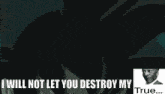 a picture of a cartoon character with the words " i will not let you destroy my true "