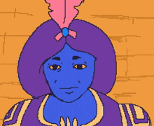 a pixel art drawing of a woman with a blue face and a pink feather in her hair