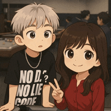 a boy and a girl are sitting next to each other and the boy is wearing a shirt that says no d no lie code