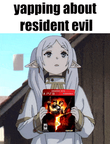 a girl is holding up a resident evil video game