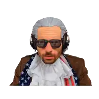 a man wearing a wig and headphones has a reflection of george washington in his sunglasses
