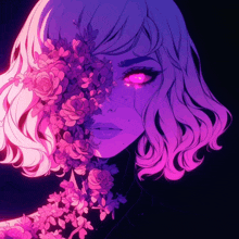 a purple and pink drawing of a woman with flowers on her face